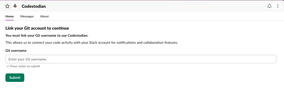 App Home - Link Git Account