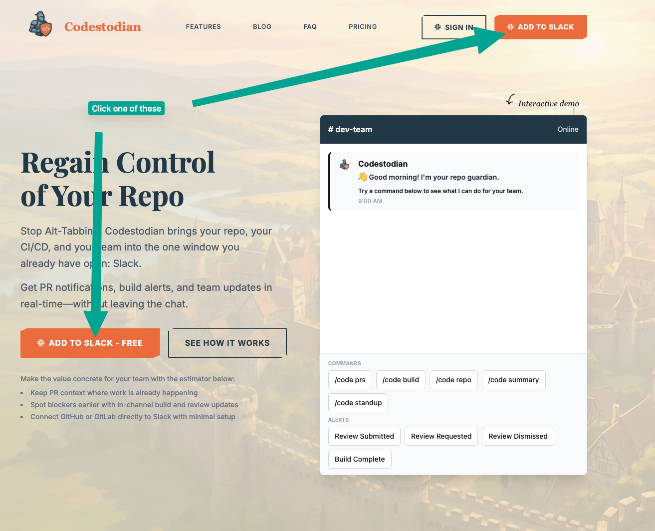 The location of the Add to Slack button on the Codestodian homepage