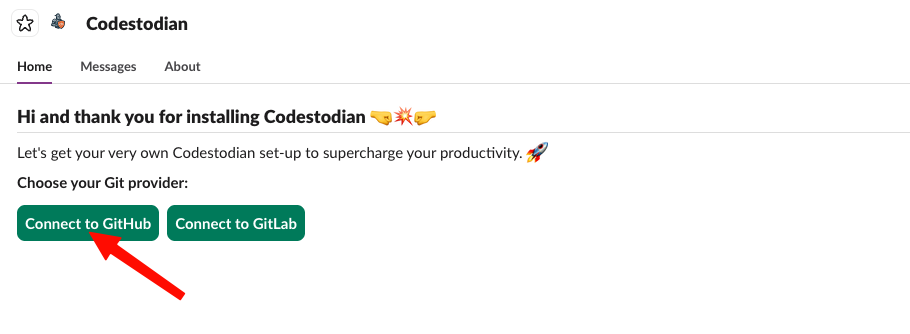 Home view of Codestodian App in Slack