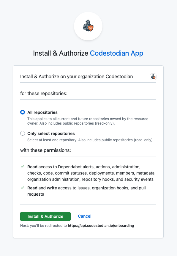 Codestodian GitHub App installation page