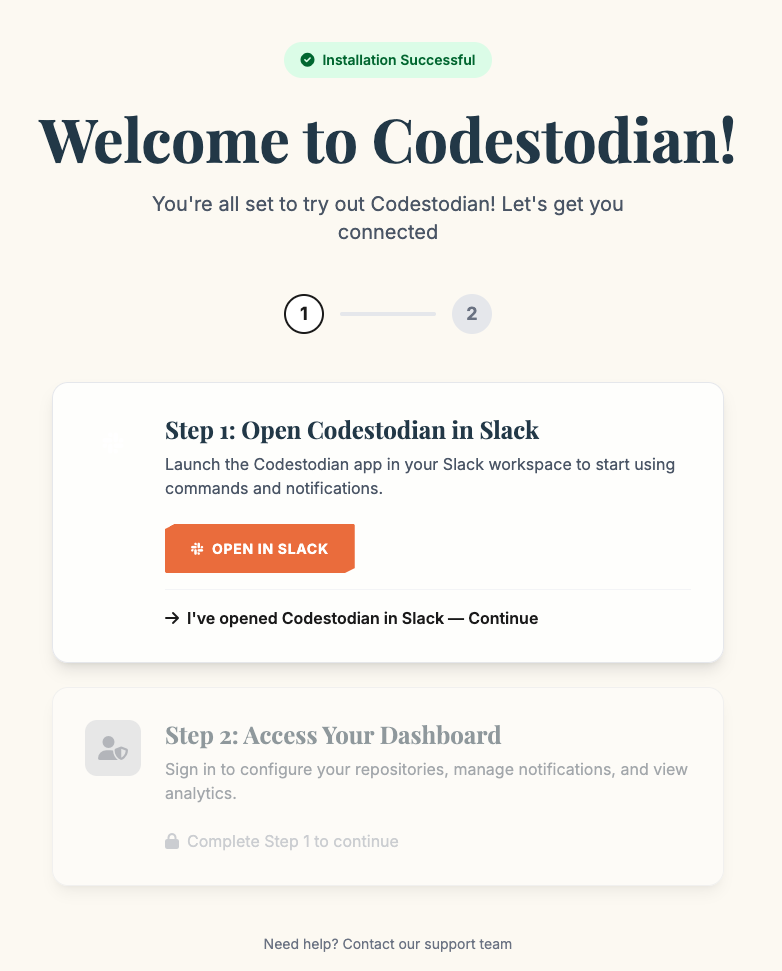 Post installation page for Codestodian