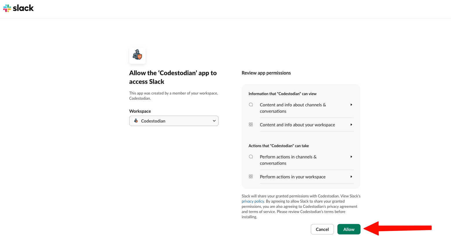 Codestodian Slack installation page