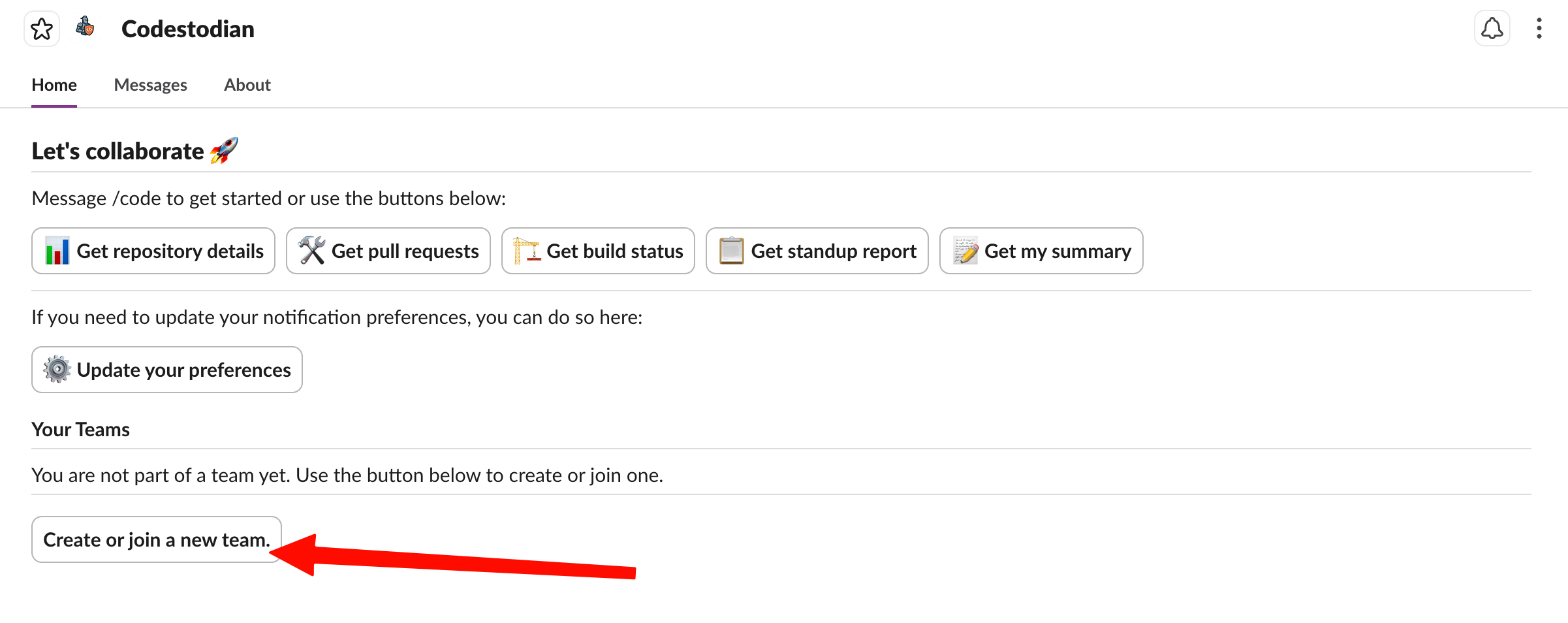 App Home - Create Team