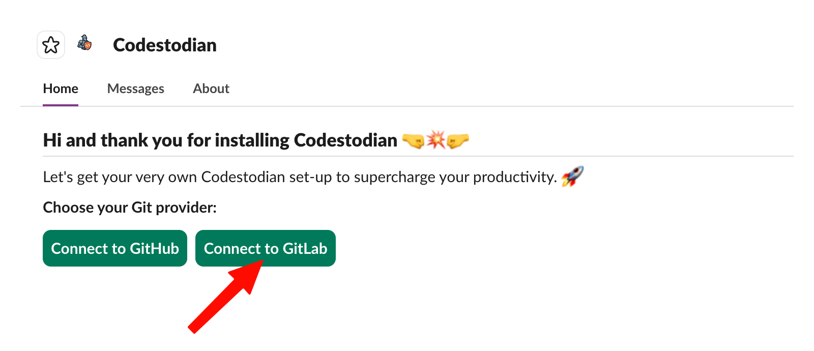 Home view of Codestodian App in Slack