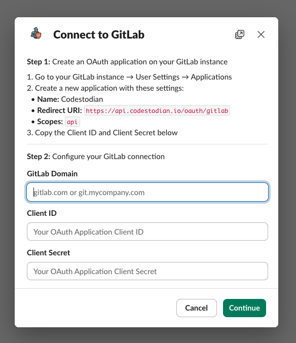 Modal window of Codestodian App in Slack after pressing Connect to Gitlab